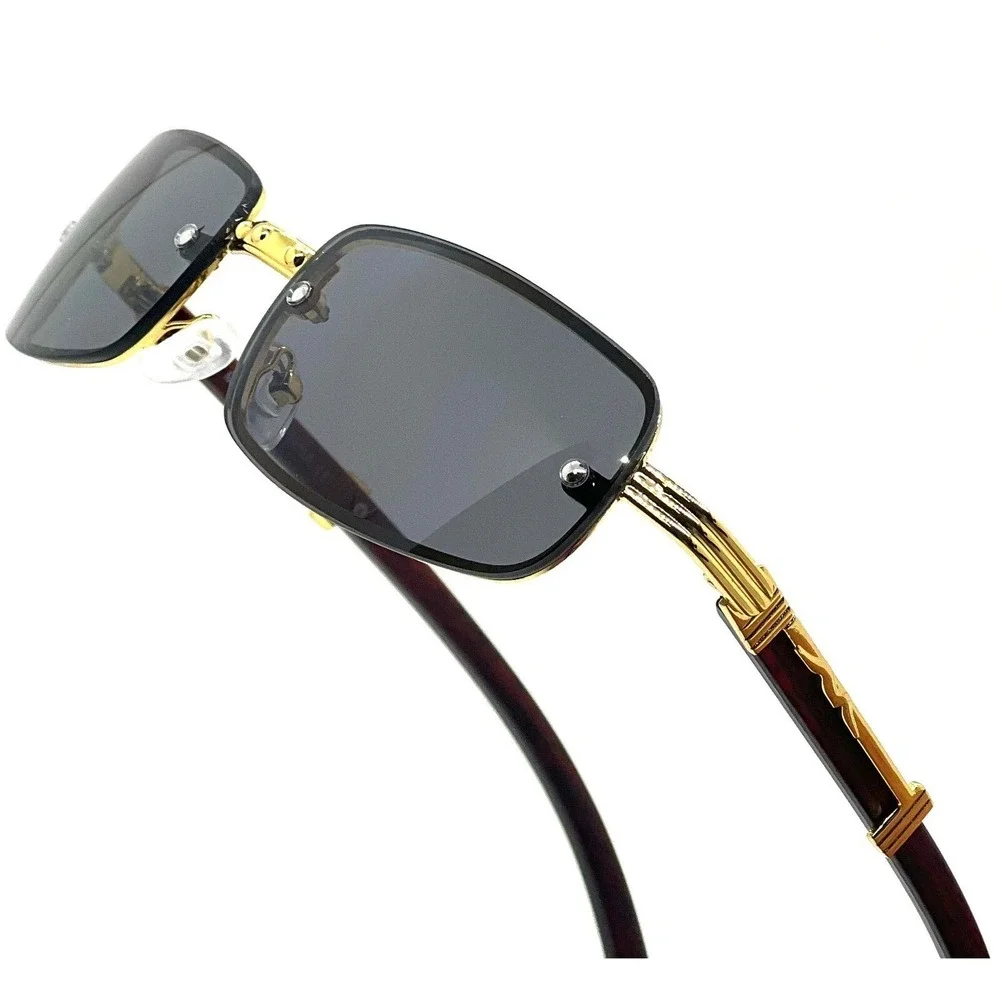 Rimless Sunglasses Rectangle Gold Wood Arms WomenFashion‎ Dark Black Lens Lentes